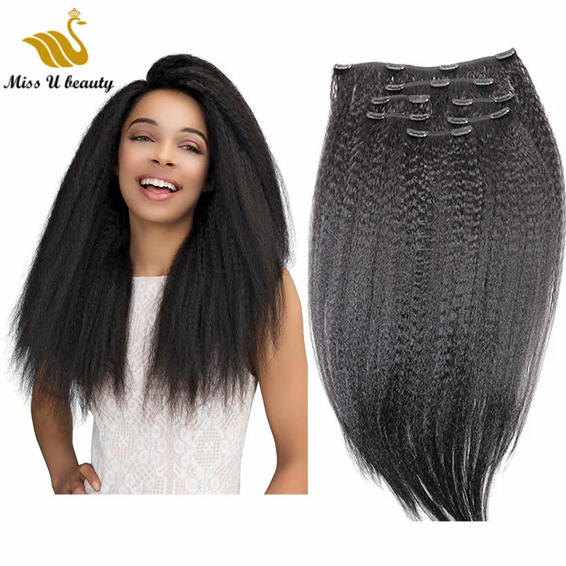 Kinky Rechte Clip in Hair Extensions Virgin Remy Humanhair Natural Black Color Dyable Bleachable 100Gram 7 stuks