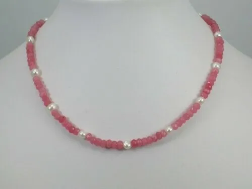 Handmade beautiful 2x4mm pink jade 4-5mm white freshwater cultured pearl necklace long 45cm 4pc/lot
