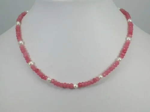 Handgjorda vackra 2x4mm rosa jade 4-5 mm vitt sötvatten odlad pärlhalsband lång 45 cm 4 st/parti