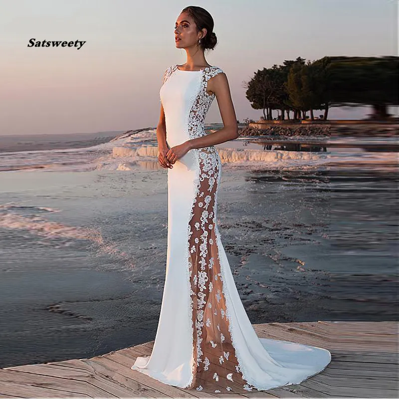 Satin Lace Suknia ślubna Syrenka O-Neck Przeglądanie Suknie Ślubne Plaża Bez Rękawów Eleganckie Dresses Boho