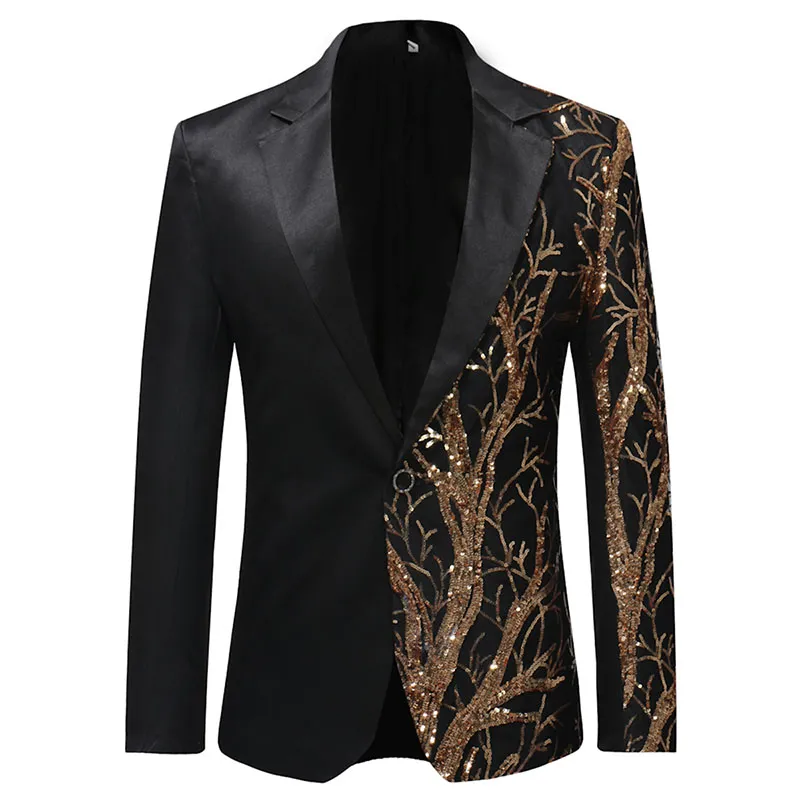 Mens Gold Sequins Slim Fit Black Balzer Hip Hop Stage Singers Prom Dress Suit Jacket Party Male Jackets