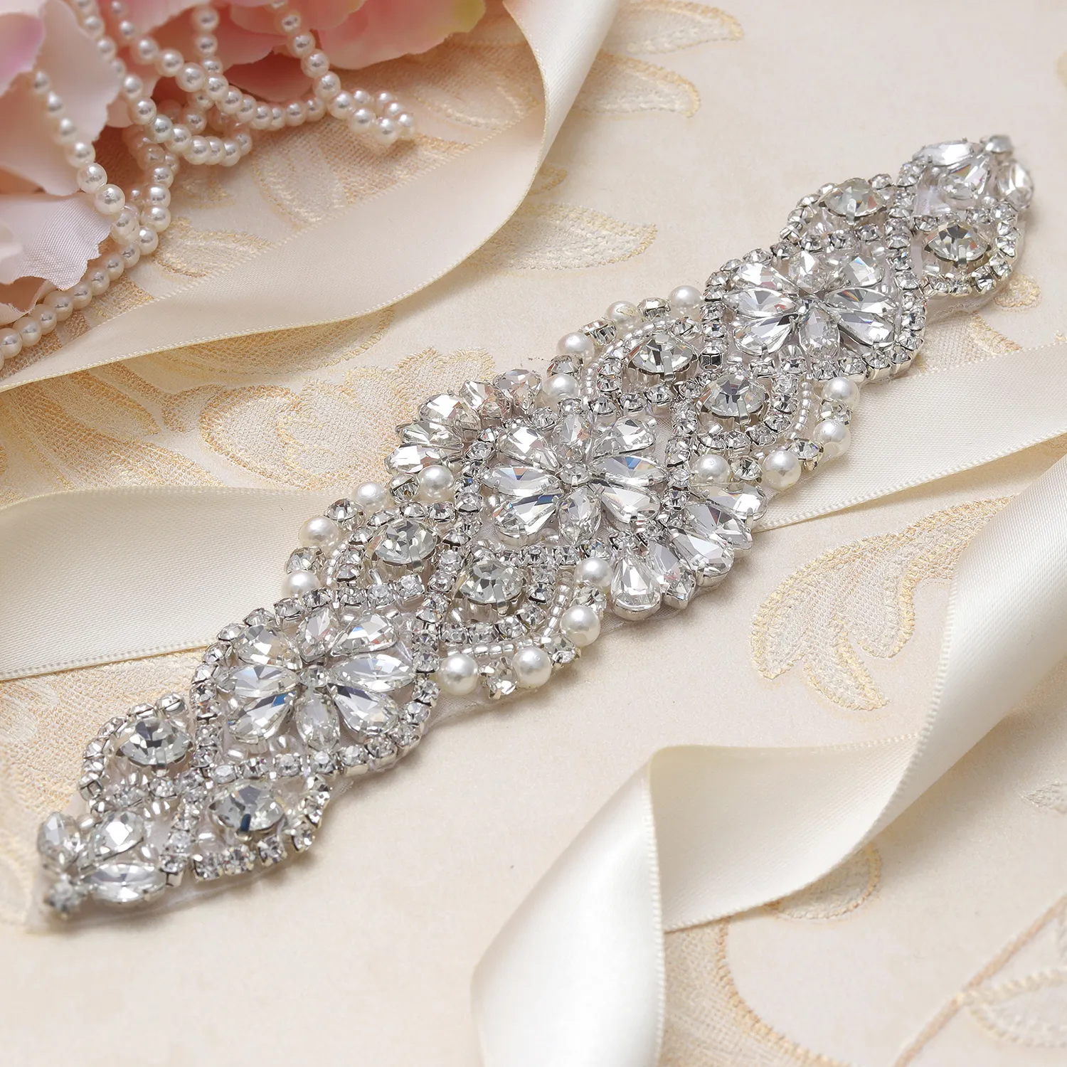 Silver Crystal Jewelled Bridal Belt With Pearls And Rhinestones MissRDress  YS837282M From Kokig, $25.04