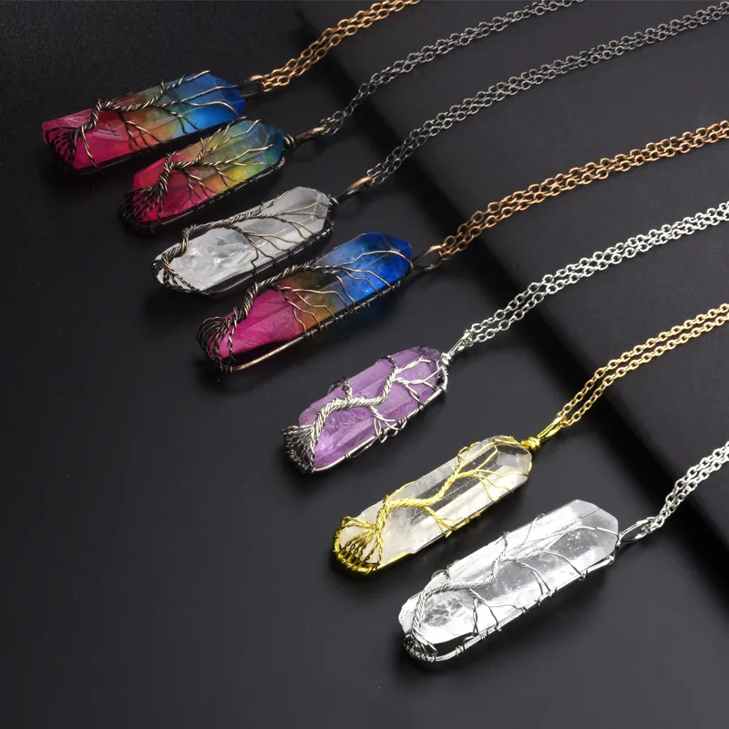 Nieuwe handgemaakte 7chakra natuurlijke / regenboog steen tree of life hanger ketting voor vrouwen mannen lange ketting statement sieraden cadeau