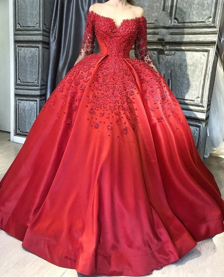 Elegante rode plus size baljurk Quinceanera jurken lange mouw prom dresses met parels kant applique formele jurk avondjurken