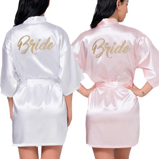 Women's Satin Wedding Kimono Bride Gold Robe Sleepwear Bridesmaid Robes Pajamas Bathrobe Nightgown Spa Bridal Robes Dressing Gown