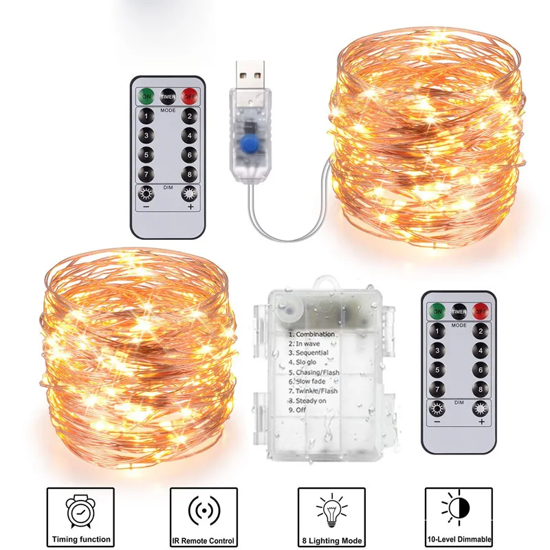 Luci natalizie per esterni Stringa di rame per esterni 10m 20m Telecomando Batteria per temporizzazione USB Giardino Lght per decorazioni natalizie per feste