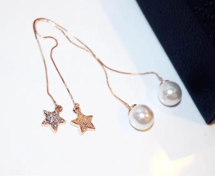 Wholesale-New Hot Ins Fashion Luxury Designer Glittering Glänsande Diamanter Söt Star Long Pearl Chandelier Dangle Stud Örhängen för Kvinna Tjejer