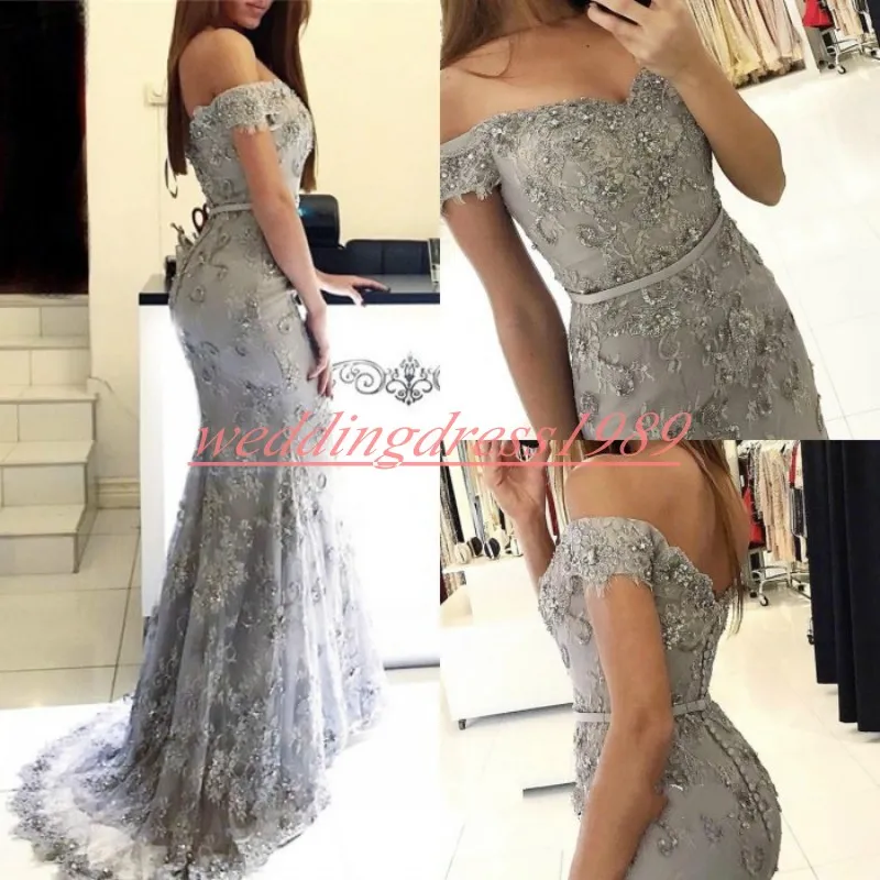 Elegant Off The Shoulder Beads Mermaid Evening Dresses Grey Lace African Prom Formal Guest Dress Pageant Celebrity Plus Size Party Gowns