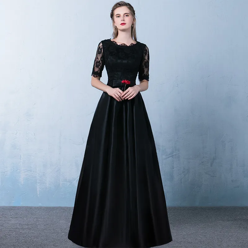 Abiye-robe de soirée longue en Satin, col rond, avec Appliques en dentelle, robe formelle noire, expédition rapide, 2019