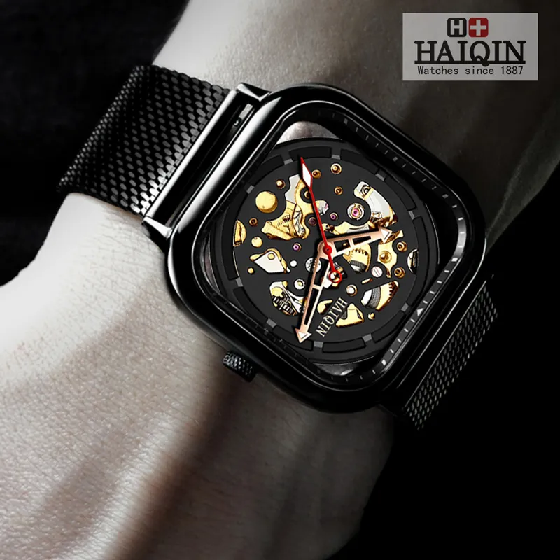 HAIQIN Luxury Square Mechanical Tourneau Watches With Hollow