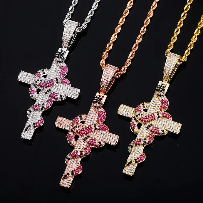 Nouveau 18K or blanc or Rose gars coloré cubique zircone serpent croix pendentif Nechlace Bijoux Hip Hop rappeur Bijoux cadeaux pour hommes femmes