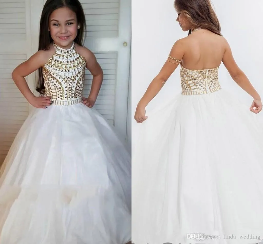 2019 Cute Halter Girl's Pageant Dress Princess Sleeveless Beaded Crystals Party Cupcake Young Pretty Little Kids Queen Flower Girl Gown
