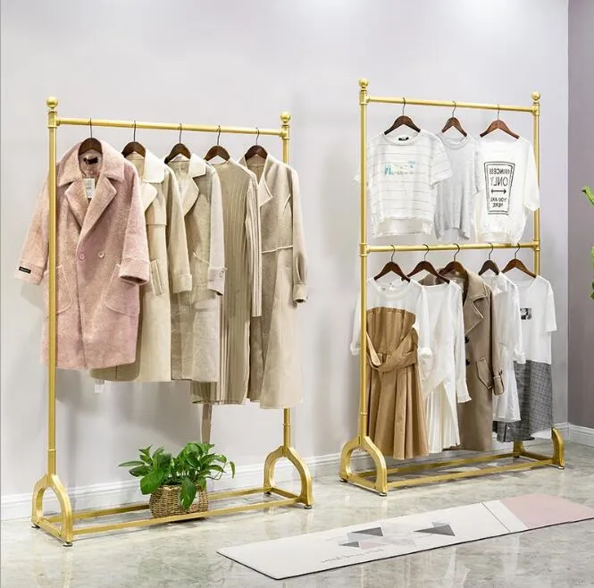 Gold Slowing Store Racking Rack Rack de móveis comerciais masculino e feminino cabide de vestido de noiva de metal cabides ajustáveis ​​de camada dupla