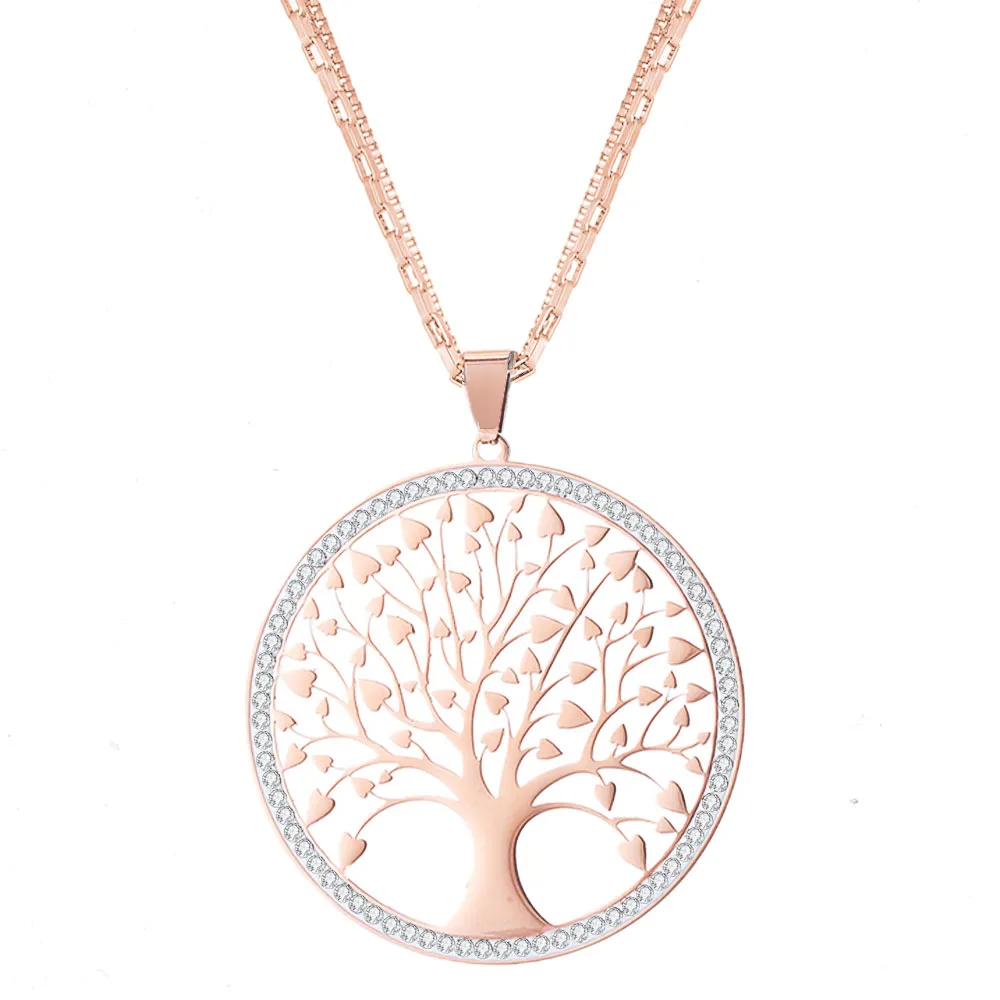 Collier pendentif arbre de vie en acier inoxydable pour femmes, chaînes de pull, grand charme rond, sautoir, bijoux de fête, cadeaux à la mode