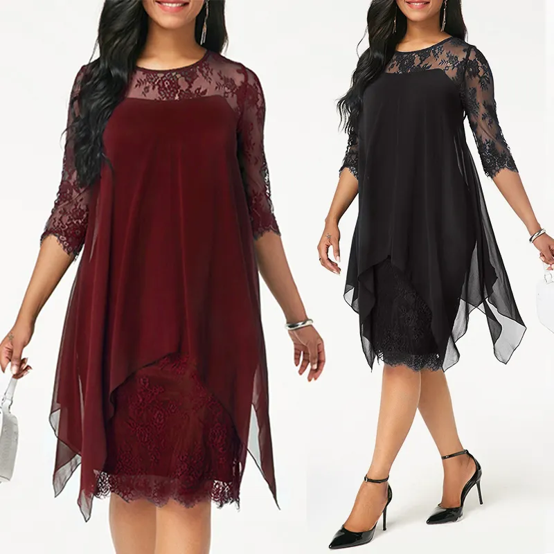 Plus Size Chiffon-Kleider für Damen, neue Mode, Chiffon-Overlay, Dreiviertel-Ärmel, Nähte, unregelmäßiger Saum, Spitzenkleid MX190724