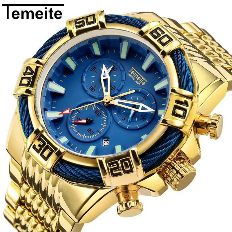 トップブランドTemeite New Quartzアナログ時計ビッグダイヤルゴールドクロック男性ビジネスミリタル腕時計男性Relogio Masculino