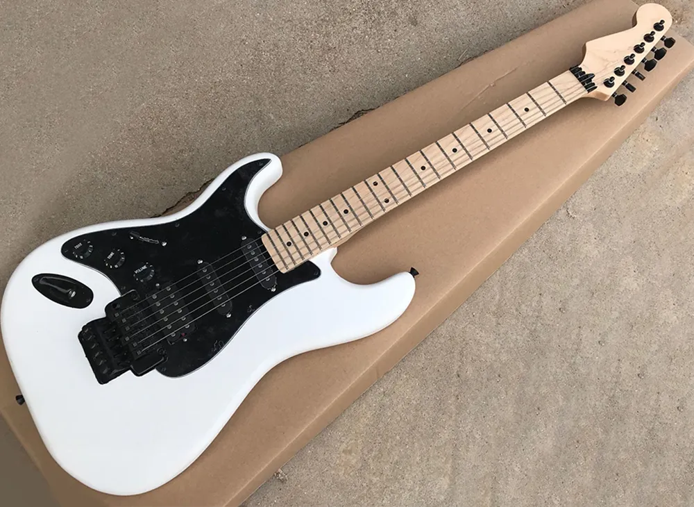 Guitare électrique blanche pour gaucher avec Floyd Rose, manche en érable, pickguard blanc, peut être personnalisée sur demande