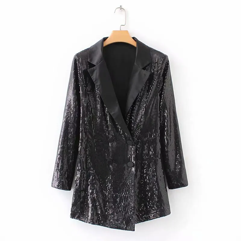 Vrouwen Black Sequin Blazer Speelpakjes Double Breasted Overall Lange Mouwen Glanzende Jumpsuit Vrouwelijke Toevallige Romper Overalls Pak Y190502