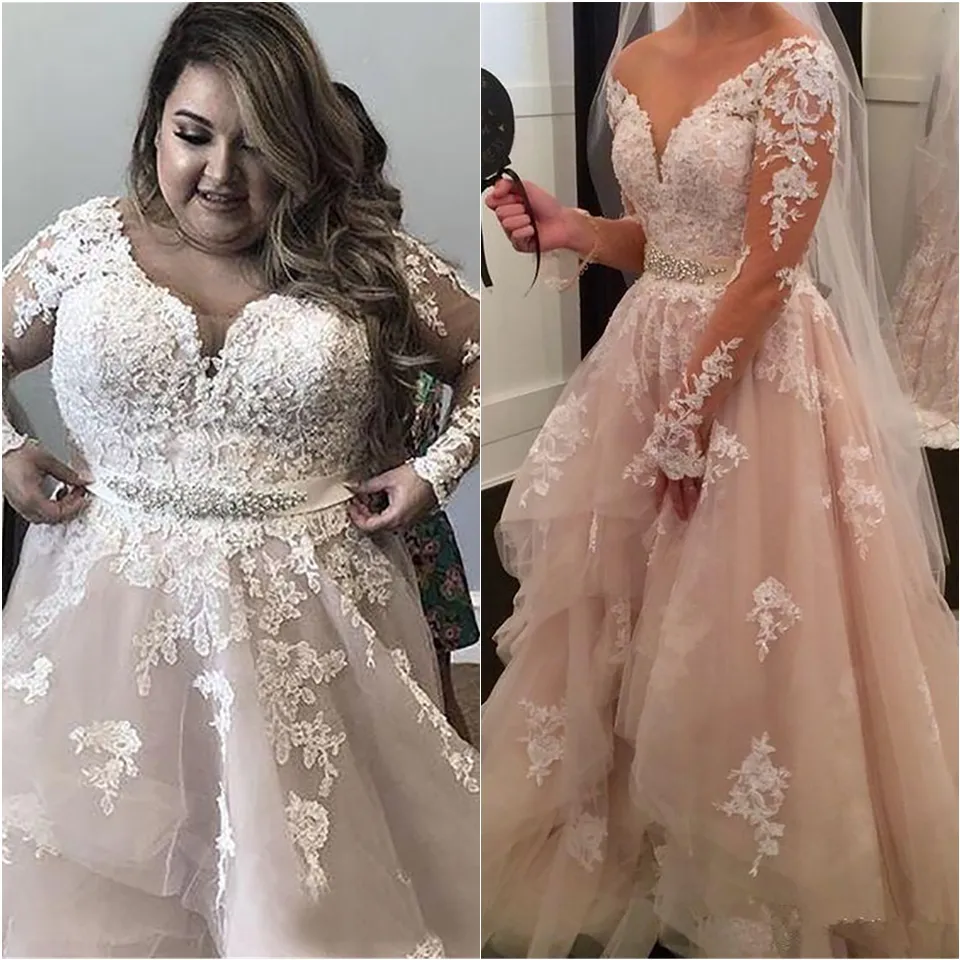 Kristalle Spitze Arabisch Plus Size Brautkleider V-Ausschnitt Lange Ärmel Stufen Brautkleider Mi Vintage Sexy Brautkleider Vestido de Noiva