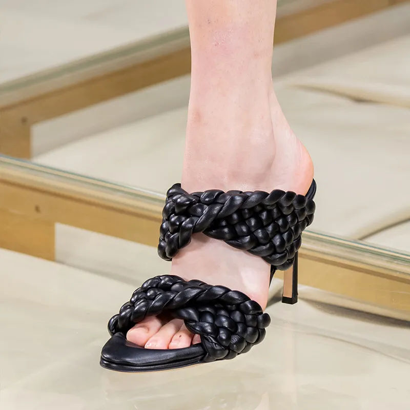 Leather Braided High Heel Sandals Women Runway Party Shoes Woman