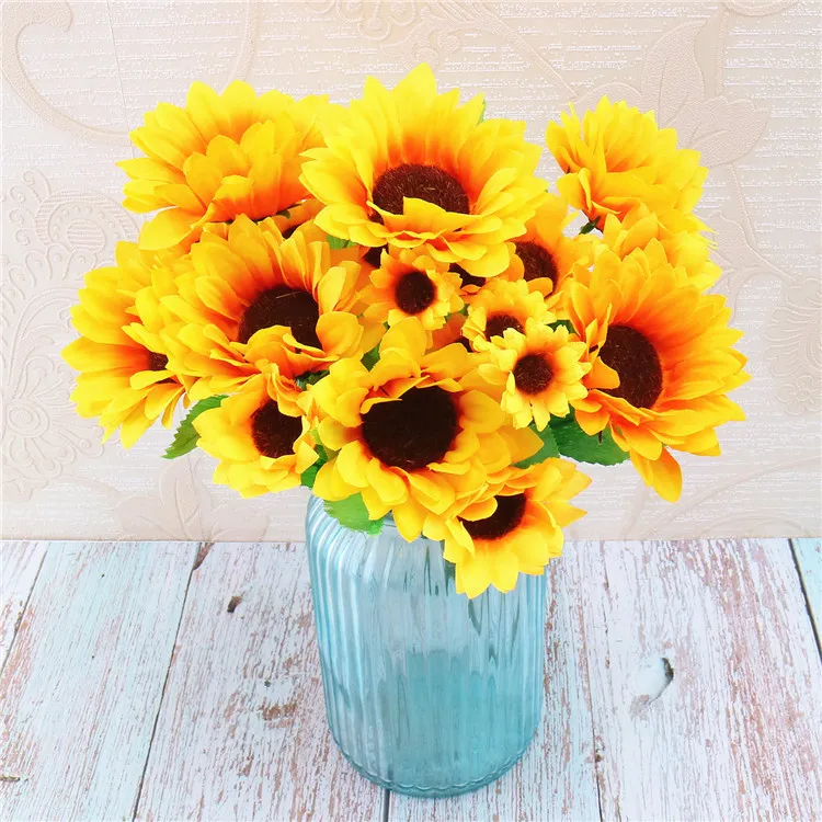 2 teile/los Herbst Dekoration Gelbe Sonnenblume Seide Künstliche Blumen Bouquet Für Home Dekoration Büro Party Garten Decor
