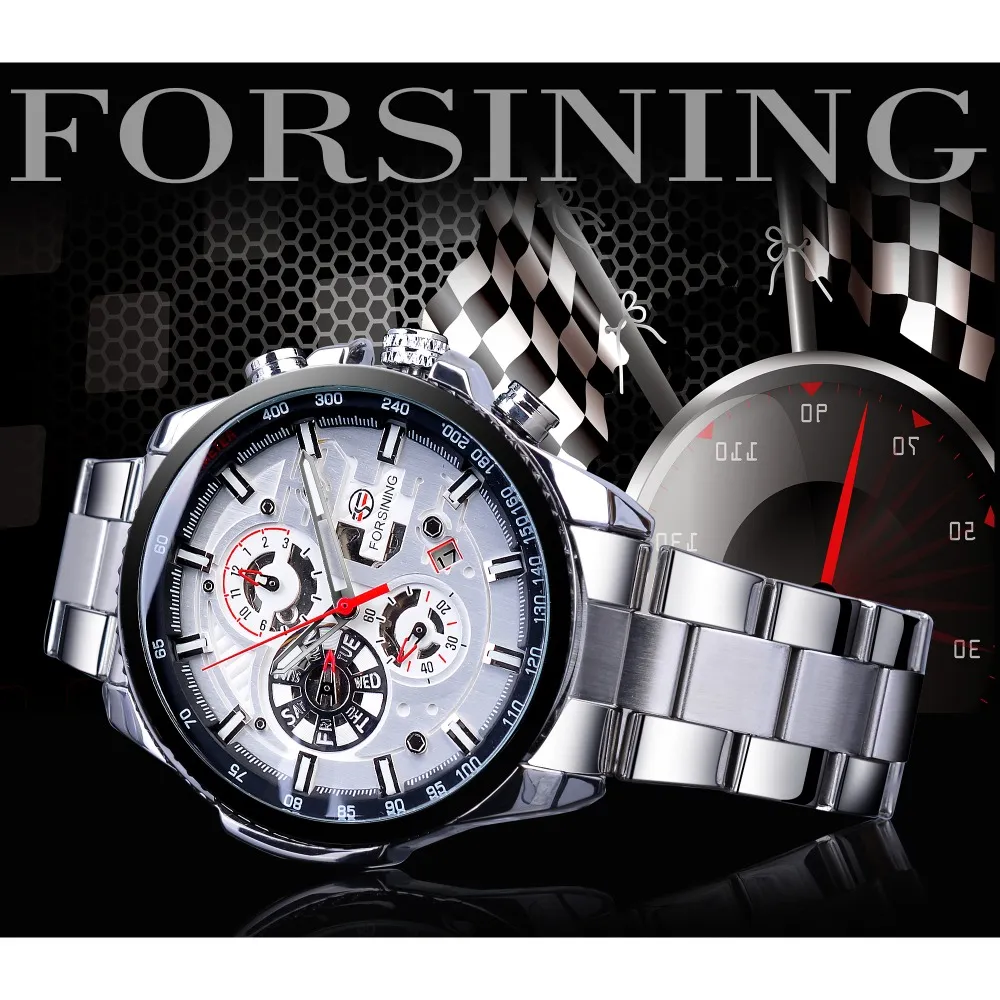 ForSining Top Watch Brand Luxury Date Luminous Hands Complete Calendar Mens Automatic Watches Silver Rostfritt stål Remsland W247F