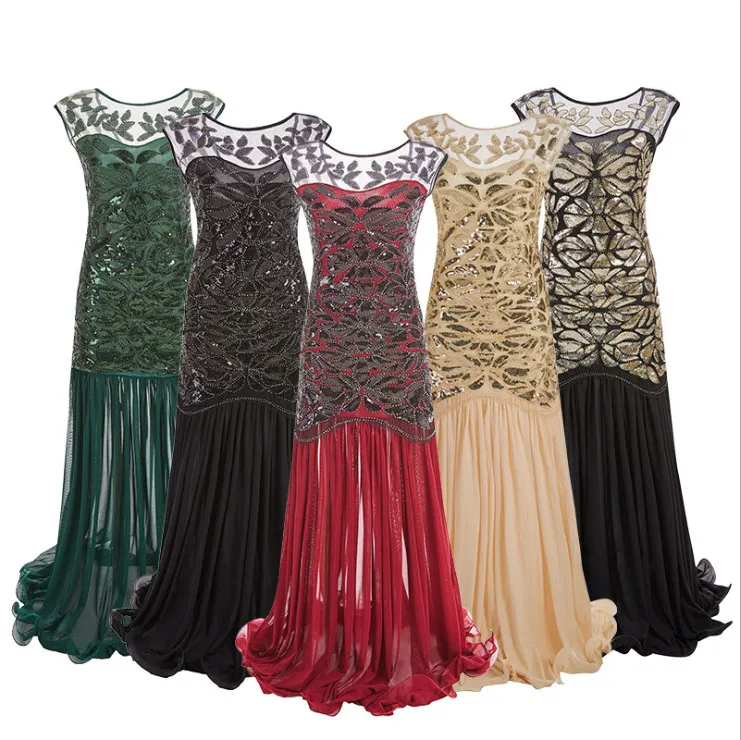 Rood Groen Zwart Gouden Abrikozenjurk 1920 Jurk Lovertjes Ruffle Sparkly Mesh Sequin Accented Ruches Tail Dress Sequin Tule Long Prom Dress