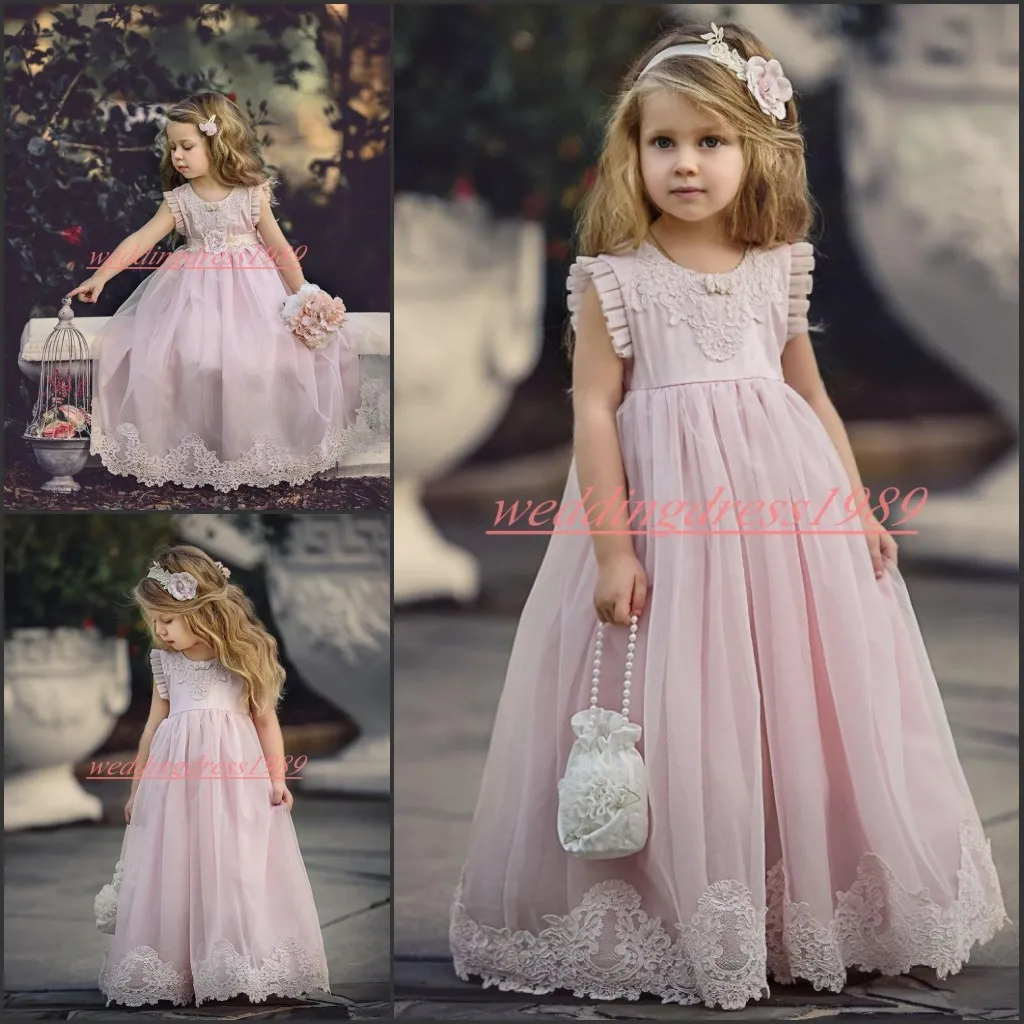 Princess Pink Lace Girls Pageant Dress 2019 A-Line Tulle Cheap Girl Communion Dress Kids Formal Party Wear Flower Girls Dresses for Girl