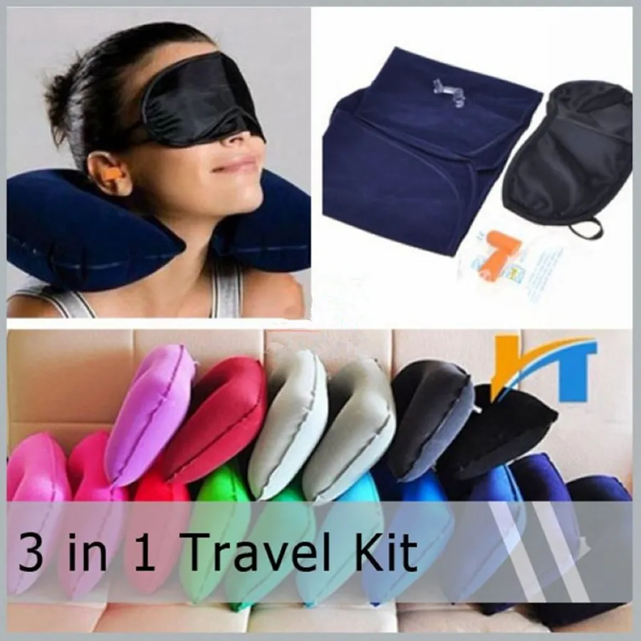 3 в 1 Outdoor Camping Car Airplane Travel Kit Надувные шеи Подушка Поддержка + Eye Shade Маска Blinder + беруши Инструменты RRA1519