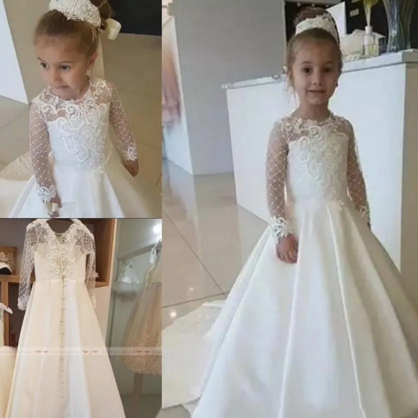 Cute 2020 cetim laço applique flor menina vestido para festa de casamento mangas compridas meninas meninas meninas primeiros vestidos de comunhão concurso de natal