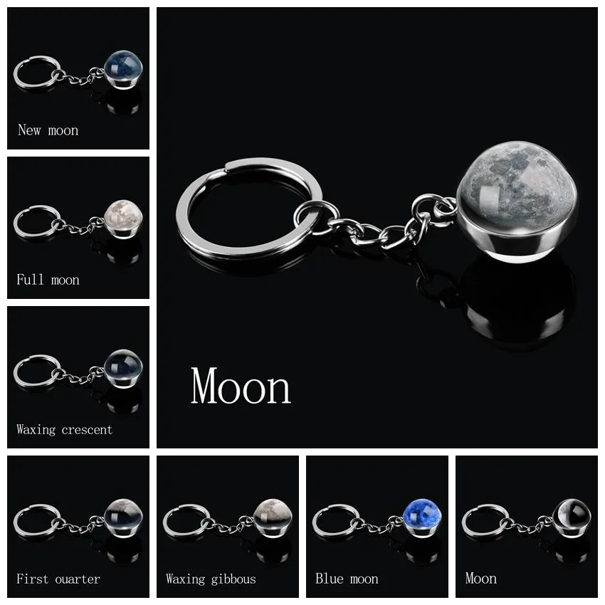 Moon Phase Image Planet Keychain Keyring Dubbel Side Glass Ball Universe Nebula Nyckel Kedja Solsystem Smycken Julklappar