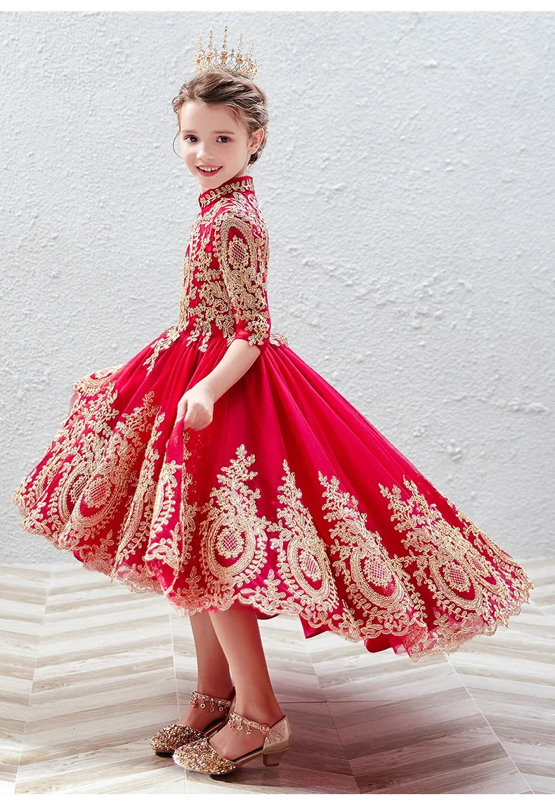 Adela Lace High Neck Pageant Dress - Red Ball Gown With Hi-Low Train, Appliques, Custom Sizing - View #4