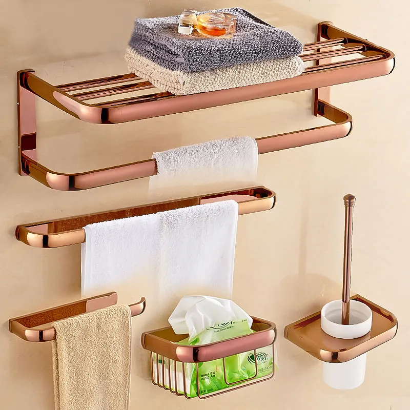 Rose Gold Color Brass Square Bathroom Accessories Towel Shelf Towel Holder Toilet Paper Holder Wall Mounted Bath Hardware Sets T200425