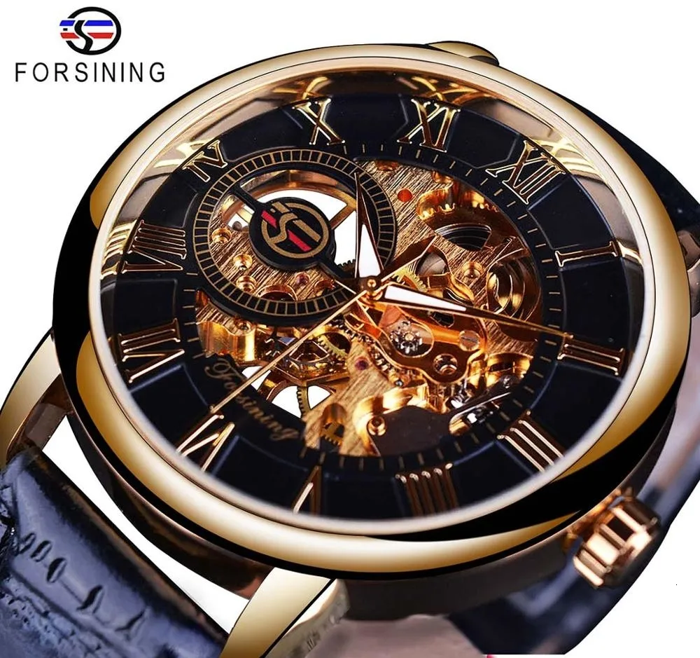 Forsining 3d Logo Design Hollow Engraving Black Gold Case Leather Skeleton Mechanical Watches Men Luxury Brand Heren Horloge LY191206