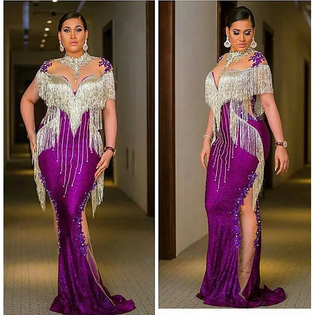 Aso Ebi Arabic Purple Luxurious Sexy Evening Pärled Crystals Lace Prom Dresses Mermaid Formal Party Second Reception GOWNS 0422