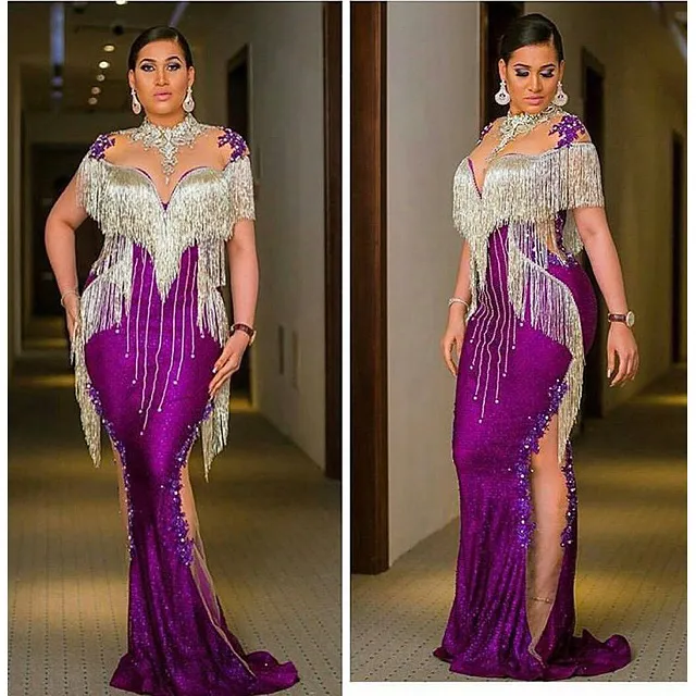 2019 Aso Ebi Arabe Violet Luxueux Robes De Soirée Sexy Perles Cristaux Dentelle Robes De Bal Sirène Formelle Partie Deuxième Réception Robes