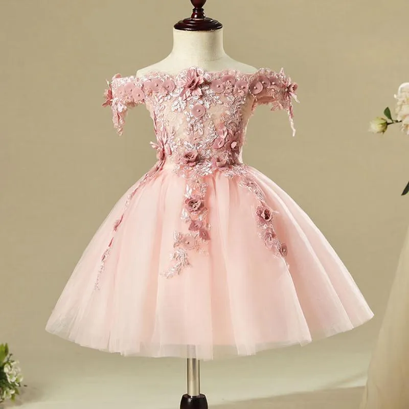 Infant Flower Girl Gowns Beaded Appliques Tulle Dress For Girl Party Princess Baby Clothes For 1 Years Birthday Baptism Dresses