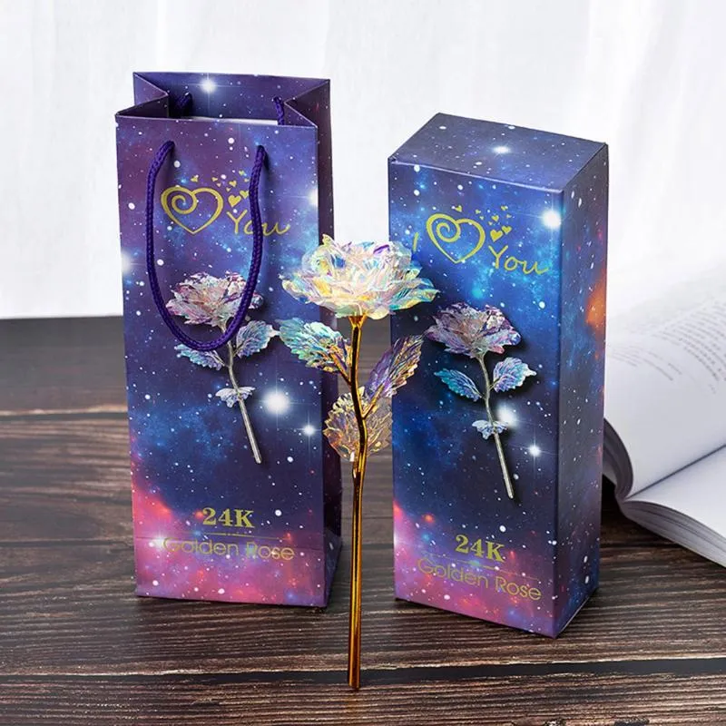 Simulación Eternity Blue 24K Gold Foil Rose Flower Día de San Valentín Regalo romántico Regalo de boda Rainbow Beautiful Led Luminous