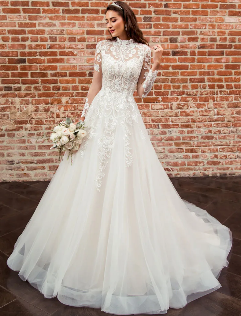 A Line High Neck Long Sleeve Wedding Dresses Vestidos De Noiva