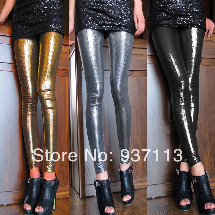 Offre spéciale nouveauté femmes Sexy brillant métallique Leggings pantalon Faux cuir extensible Leggings Punk élégant discothèque pantalon