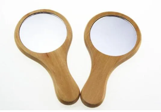 free Natural Wood Mirror Wooden Hand Mirror Vintage Portable Compact Makeup Hand Held Mirror Wedding Party Favor Gift