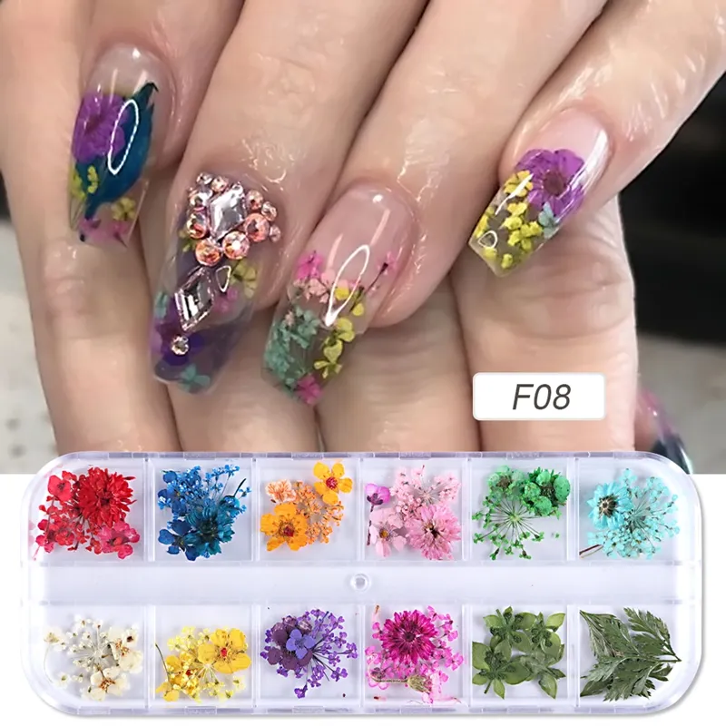 Cheap Mix Dried Flowers Nail Decorations Natural Floral Leaf Stickers 3D  Nail Art Designs Polish Manicure Accessories