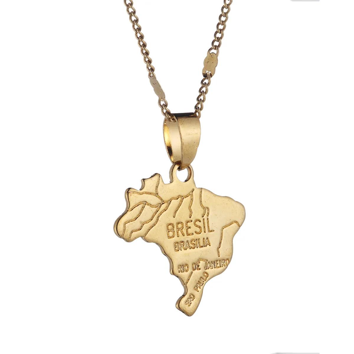 Gold Plated Brazil Map Necklace Pendant & Chain Bresil Brasil Rio