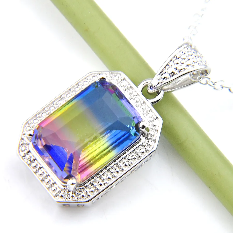 LuckyShine 12 PCS Square Bi Colored Tourmaline Gems Pendants 925 Sterling Silver Halsband Jul Wedding Holiday Gift 4 Color293W