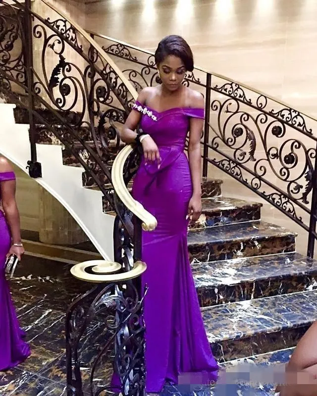 Off Shoulder Peplum African Dresses Elegant Purple Mermaid Gown