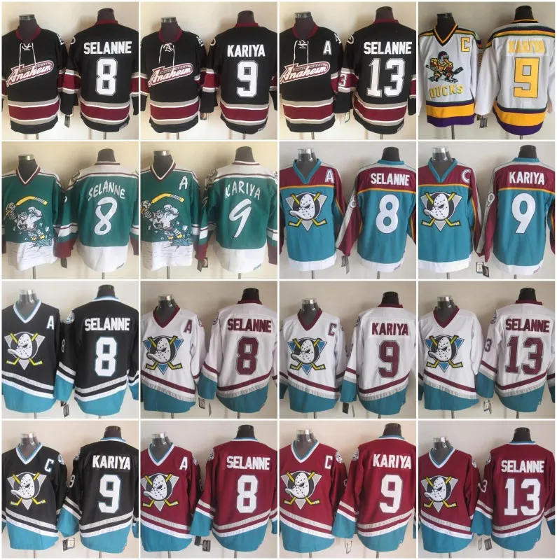 Mighty Ducks 저지 8 Teemu Selanne 9 Paul Kariya 13 Teemu Selanne Hockey Jersey Anaheim Men Movie Movie Green S-3XL의 거대한 오리