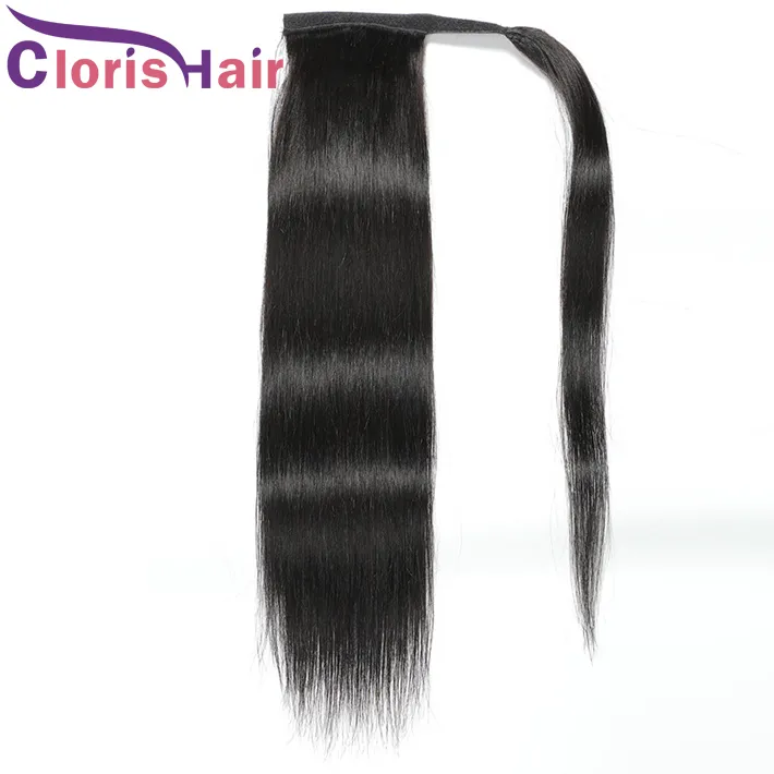 Thick Ponytails Wrap Around Human Hair Clip Ins Brazilian Virgin Straight Ponytail Extensions For Black Women Magic Paste Pony Tail Hairpiece