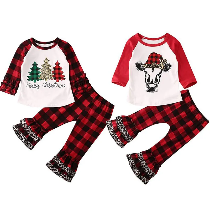 Set di vestiti per bambini natalizi Ruffle maniche lunghe scozzesi Albero di Natale Lettera Top + Pantaloni a zampa di leopardo a reticolo 2 pezzi / set Abiti Abbigliamento per bambini M734