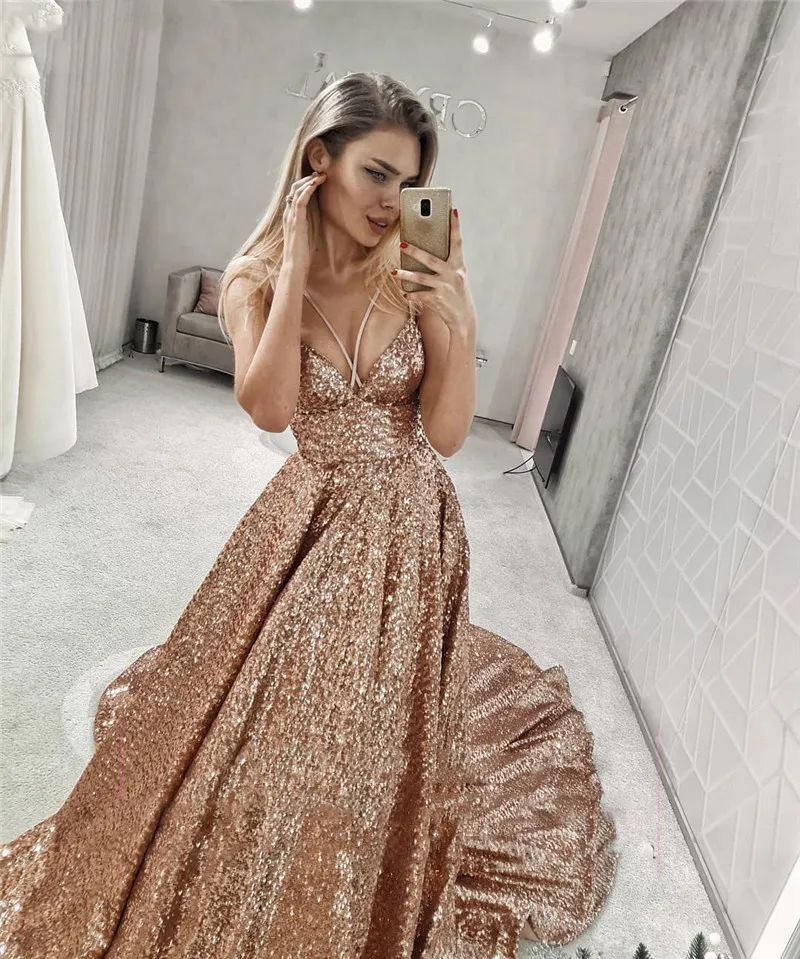 Abendkleider 2019 Rose Cekinowe sukienki linii długi wieczornych wieczorowych suknie