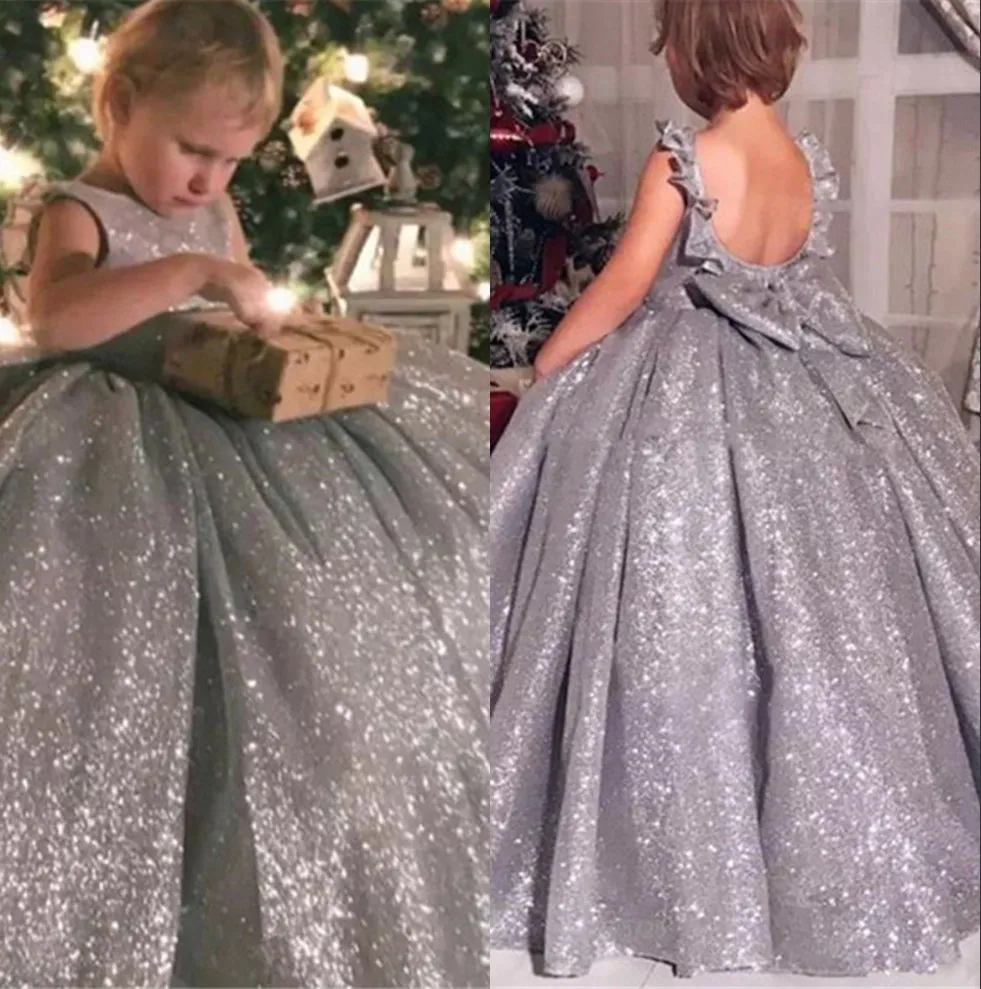New Gray Sparkly Sequined Flower Girls Dresses Crew Neck Low Back A Line Toddler Gowns Pageant First Communion Wear BC2049